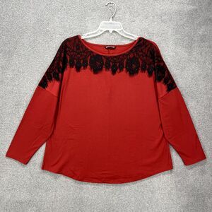 BloomChic Top Womens 2X 18‎ 20 Red Black lace Long sleeve T Shirt Blouse